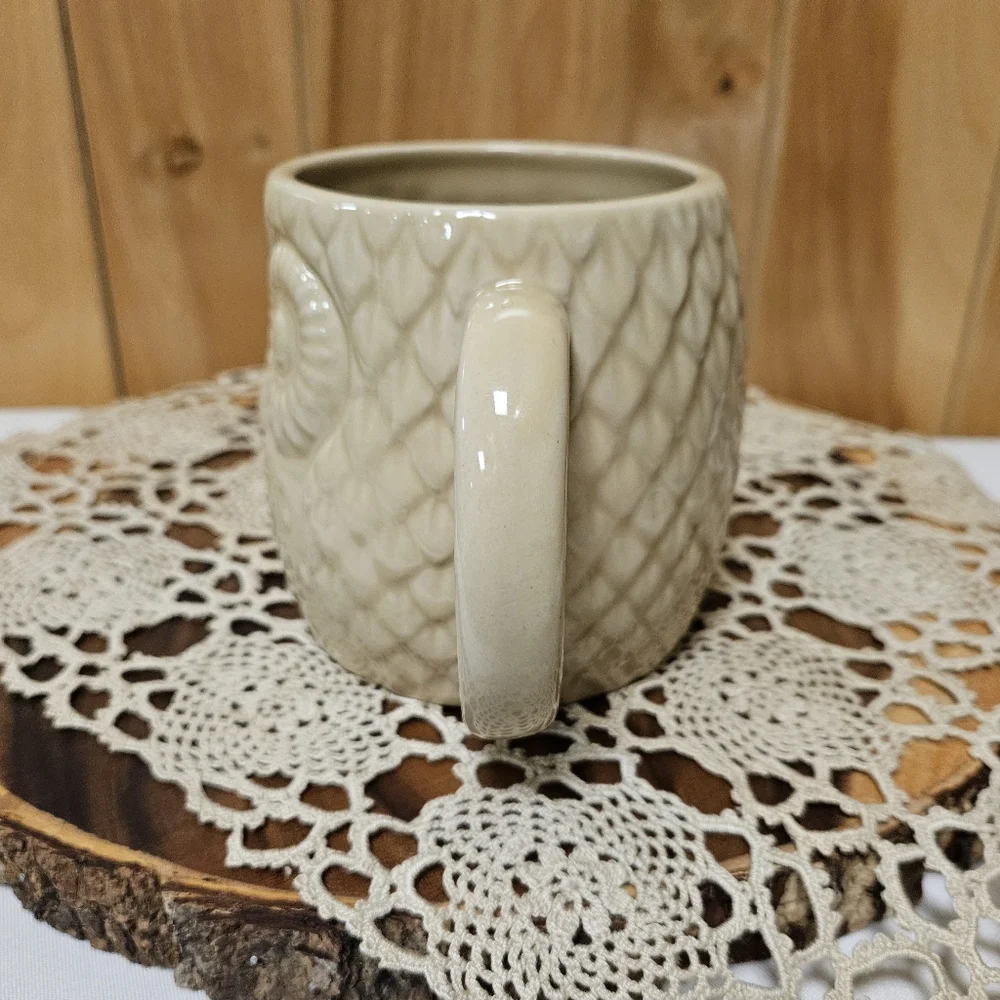 West Elm Tan Cream Owl Coffee Mug Large Embossed Ceramic Boho Farmhouse 16 Ounce